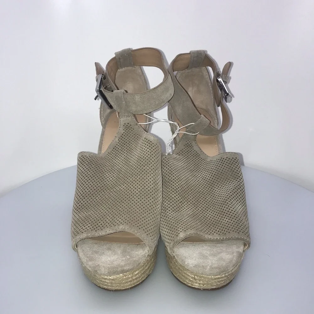 Marc Fisher Alison Espadrille Wedge Peeptoe Suede Leather Tan Grey Taupe‎ Size 9